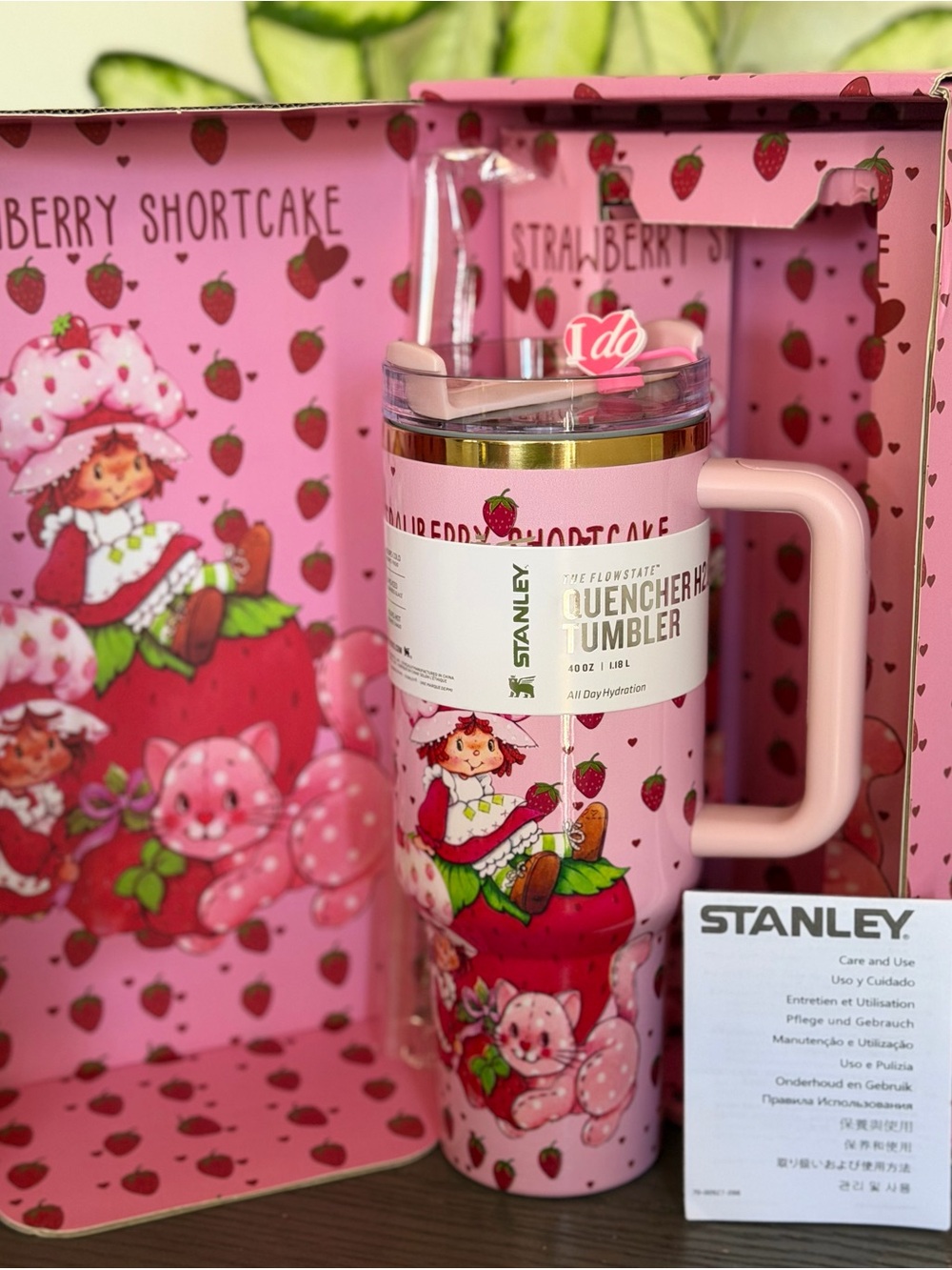 Stanley Pink Strawberry Shortcake Illustrated Travel Mug with Gold Accent
